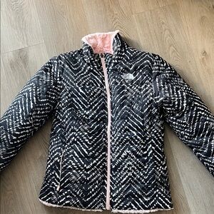 The North Face Kids Black Patterned Puffer with Pink Trim
